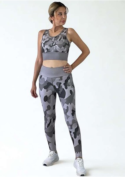 3D Baskılı Özel Tasarım Premium Kalite Toparlayıcı Crop ve Yüksek Bel Tayt Kamuflaj Takım