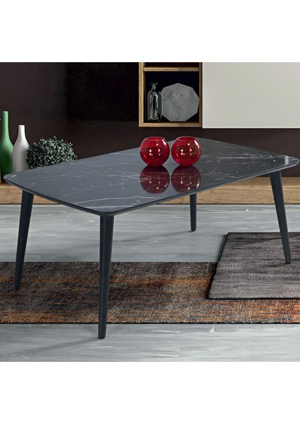 Ahşap Ayaklı Orta Sehpa Siyah Mermer 60 x 100 cm A4