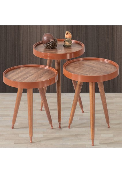 Ahşap 3'lü Yuvarlak Zigon Sehpa Ceviz Polen Lüx Ayaklı C6