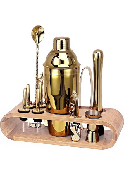 Ahşap Standlı 12 Parça Çelik 750 ml Shaker Bar Tokmağı Jigger Seti Barmen Seti