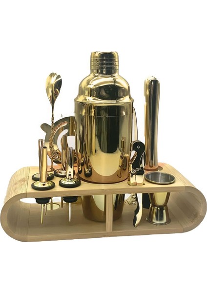 Ahşap Standlı 12 Parça Çelik 750 ml Shaker Bar Tokmağı Jigger Seti Barmen Seti modelleri