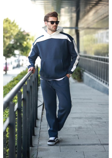 Lacivert Kapüşonlu Şerit Detaylı Erkek Eşofman Takımı E7326