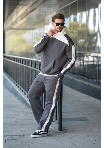 Füme Kapüşonlu Şerit Detaylı Erkek Eşofman Takımı E7326 modelleri
