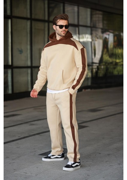 Bej Kapüşonlu Şerit Detaylı Erkek Eşofman Takımı E7326