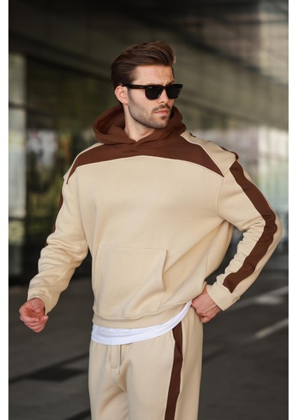 Bej Kapüşonlu Şerit Detaylı Erkek Eşofman Takımı E7326 fiyatları