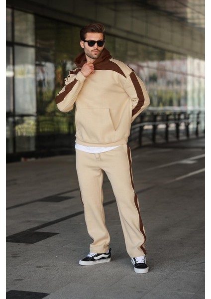 Bej Kapüşonlu Şerit Detaylı Erkek Eşofman Takımı E7326 fırsatları