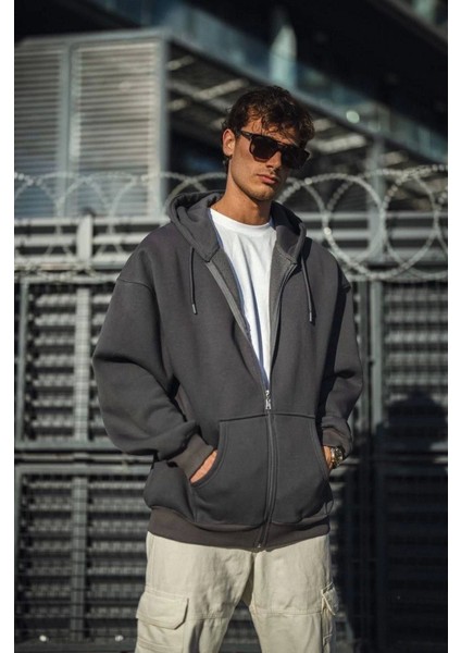 Oversize Tam Fermuarlı Uzun Kol Hırka - Füme fiyatları