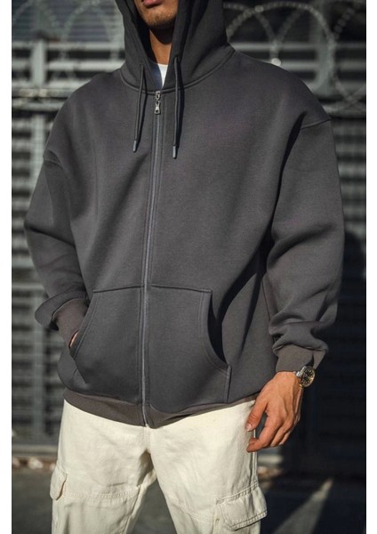 Oversize Tam Fermuarlı Uzun Kol Hırka - Füme modelleri