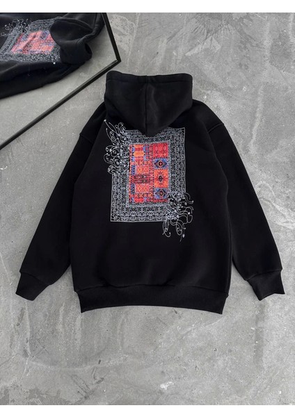 Uzun Kol Kapşonlu Ön ve Arka Baskılı Sweatshirt - Siyah fırsatları