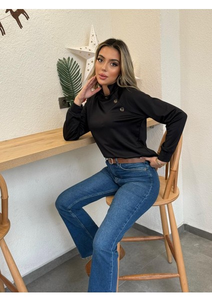 Kadın Uzun Kollu Balıkçı Yaka Düğme Detay Şardonlu Dalgıç Bluz fırsatları