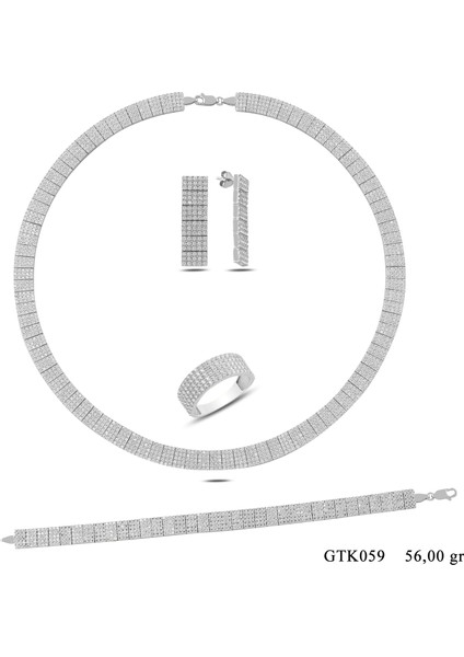 925 Ayar Gümüş 5 Sıra Tam Tur Su Yolu Kolye Bileklik Küpe Yüzük Düğün Seti