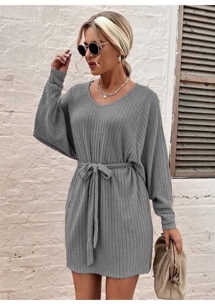 Kadın Uzun Kollu Fitilli Şardonlu Detay Buklet Kuşaklı Yumoş Elbise fiyatları