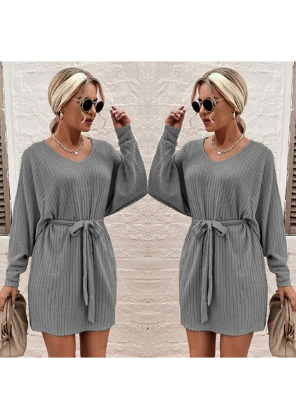 Kadın Uzun Kollu Fitilli Şardonlu Detay Buklet Kuşaklı Yumoş Elbise modelleri