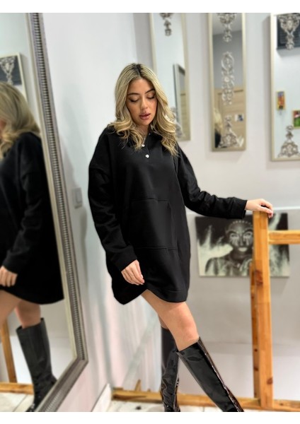 Kadın Uzun Kollu Kapşonlu Bağcıklı Önden Düğmeli ve Cepli Iki Iplik Şardonlu Elbise fırsatları