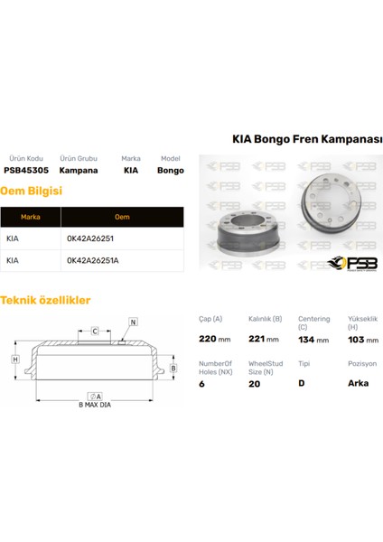 Fren Kampanası Arka 220MM Kıa Bongo K4000 2008- Oem Kodu - 0K42A26251-PSB45305