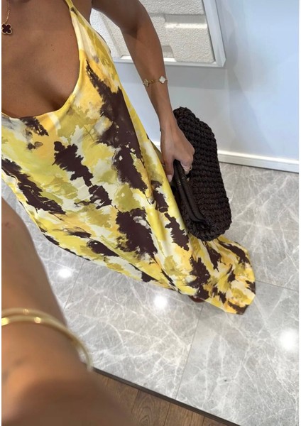 Desenli Askılı Sarı Saten Elbise fiyatları