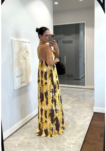 Desenli Askılı Sarı Saten Elbise modelleri