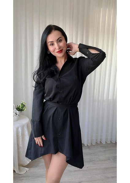 Kadın Uzun Kollu Ön Kısım Kısım Arka Kısım Uzun Trikoton Gömlek Elbise