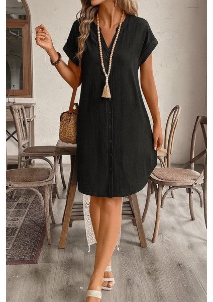 Kadın Kısa Kollu Önden Düğmeli Ithal Keten Elbise fiyatları
