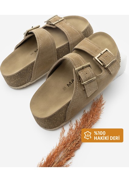 Kadın Deri Çift Bantlı Mantar Yüksek Taban Olive Süet Günlük Terlik Roneta
