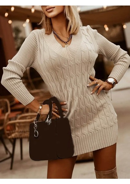 Kadın Uzun Kollu Derin V Yakalı Kısa Triko Elbise modelleri