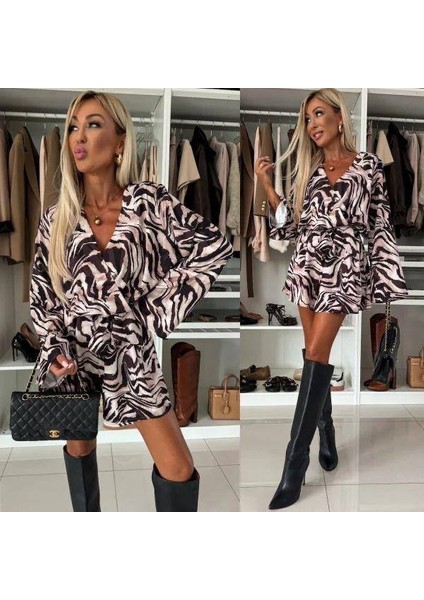 Kadın Salaş Kol Kruvaze Yaka Zebra Desen Şort Tulum fiyatları