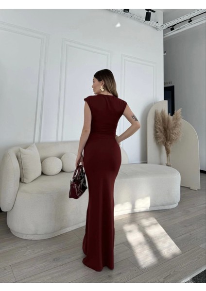 Kolsuz Uzun Likralı Elbise - Bordo modelleri