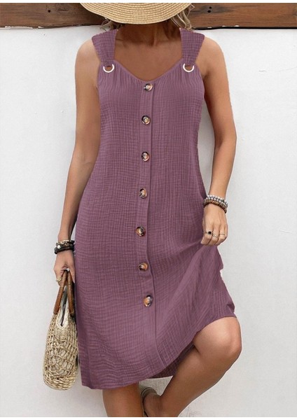 Kadın Askılı V Yakalı Önden Düğmeli Narin Elbise