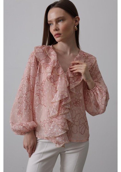 Simli Fırfırlı Gömlek - Somon