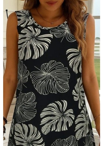 Kadın Sıfır Kollu Yuvarlak Yaka Desenli Süprem Elbise fiyatları