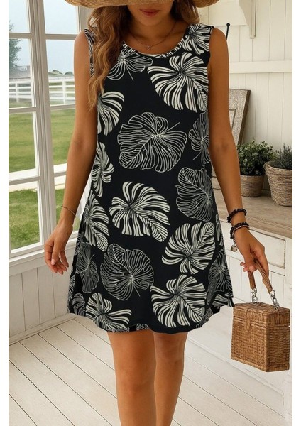 Kadın Sıfır Kollu Yuvarlak Yaka Desenli Süprem Elbise modelleri