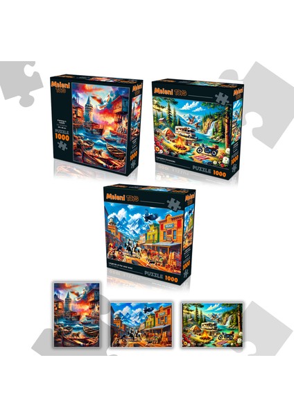 3 Adet 1000 Parça Puzzle - Galata Kulesi Manzara, Kamp Ateşi ve Vahşi Batı Kasabası Yapboz 68X48 cm