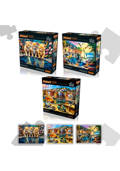 3 Adet 1000 Parça Puzzle - Aslan Kral Kedi, Sahil Kasabası ve Limanda Sakinlik Yapboz 68X48 cm
