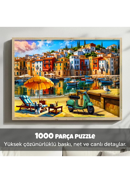 3 Adet 1000 Parça Puzzle - Aslan Kral Kedi, Sahil Kasabası ve Limanda Sakinlik Yapboz 68X48 cm modelleri