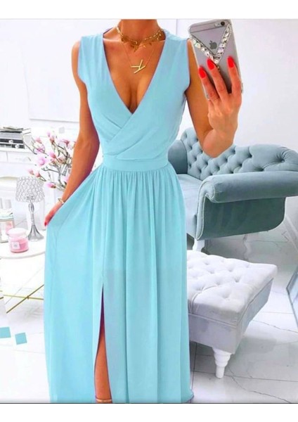 Kadın Şifon Kumaş V Yaka Sıfır Kol Maxi Boy Elbise