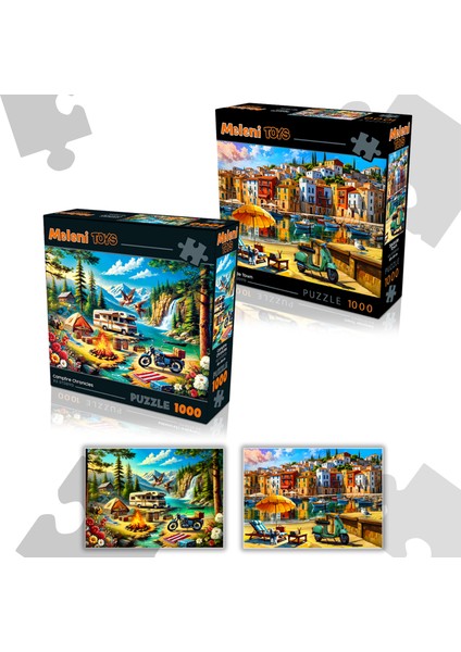2 Adet 1000 Parça Puzzle - Kamp Ateşi Orman Manzarası ve Sahil Kasabası Manzarası Yapboz 68X48 cm