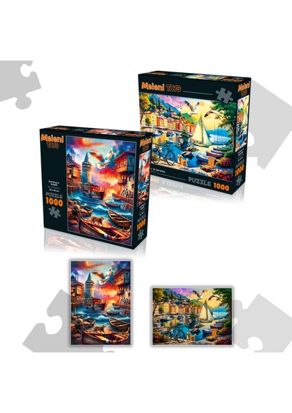 2 Adet 1000 Parça Puzzle - Galata Kulesi Manzaralı ve Limanda Sakinlik Yapboz 68X48 cm
