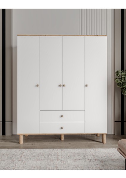 Bergama 4 Kapaklı Gardrop 2 Çekmeceli MDF Beyaz Renk Modern Tasarım