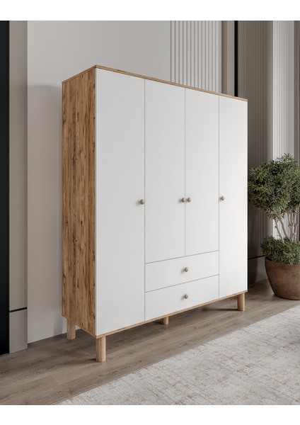 Bergama 4 Kapaklı Gardrop 2 Çekmeceli MDF Beyaz Renk Modern Tasarım fiyatları