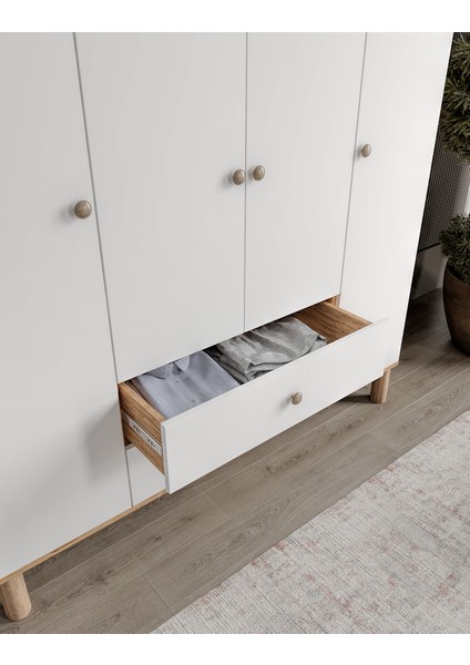 Bergama 4 Kapaklı Gardrop 2 Çekmeceli MDF Beyaz Renk Modern Tasarım modelleri