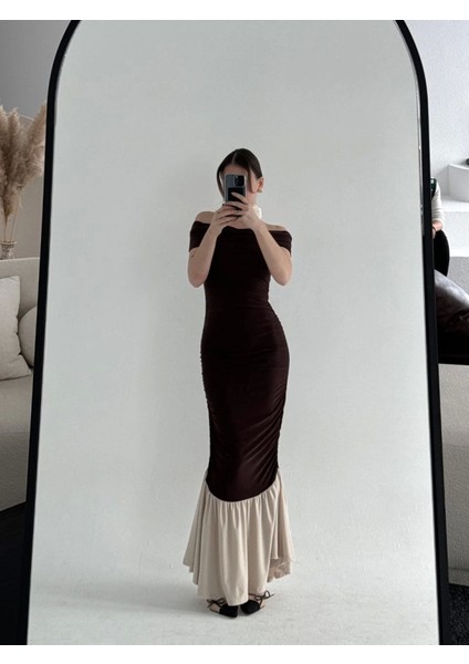 Striptiz Omuzlu Uzun Elbise- Kahve modelleri