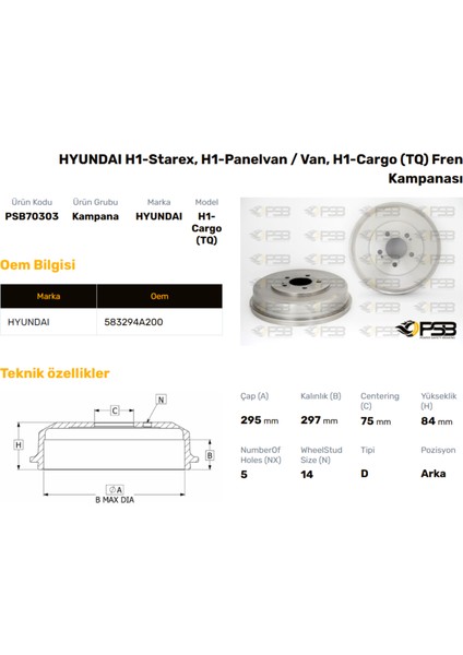 Fren Kampanası Arka 295MM Hyundaı Starex 2004-2007 Oem Kodu - 58329-4A200-PSB70303