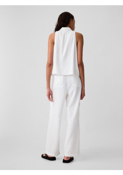 Kadın Beyaz Keten Karışımlı Wide-Leg Kargo Pull-On Pantolon