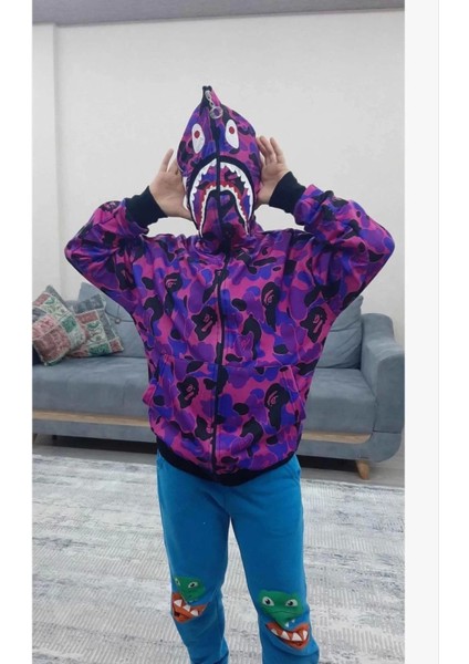 Iki Iplik Zıp Fermuarlı Nakışlı Kapşonlu Hırka - Mor fırsatları