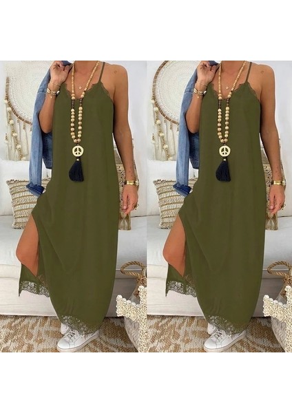 Kadın Haki Dantel Detay Viskon Elbise 3798