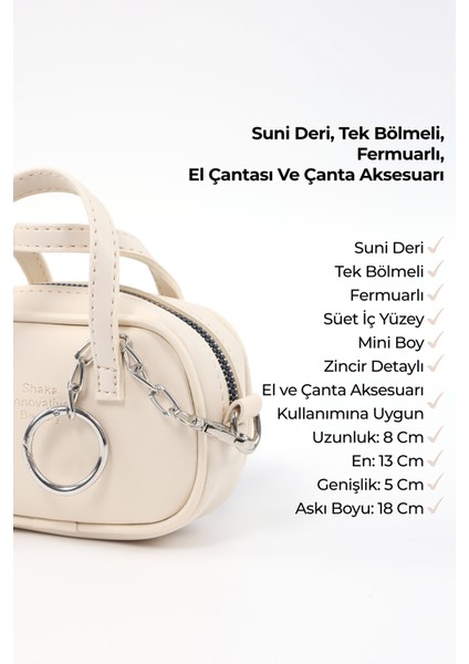 Krem SHK210 Suni Deri Tek Bölmeli Fermuarlı El Çantası ve Charm Çanta Aksesuarı