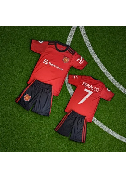 Cr7 Klasik Sezon Manchester Çocuk Ronaldo Halı Saha Kırmızı Beyaz Şortlu Tişört