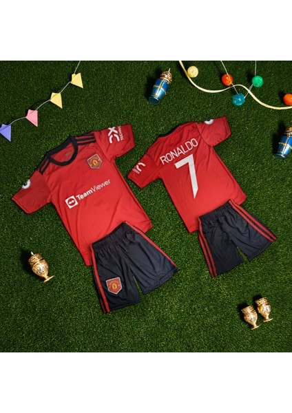 Cr7 Klasik Sezon Manchester Çocuk Ronaldo Halı Saha Kırmızı Beyaz Şortlu Tişört modelleri