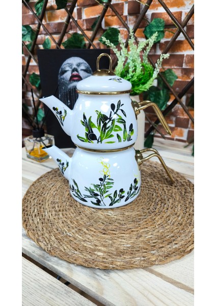 emaye çaydanlık takımı beyaz zeytin desenli küçük boy nostalji desen
