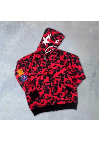 Unisex 2 Iplik Bape Kapüşonu Fermuarlı Hırka - Kırmızı